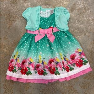 Blueberi Boulevard Mint Green Floral Dress with Pink Bow